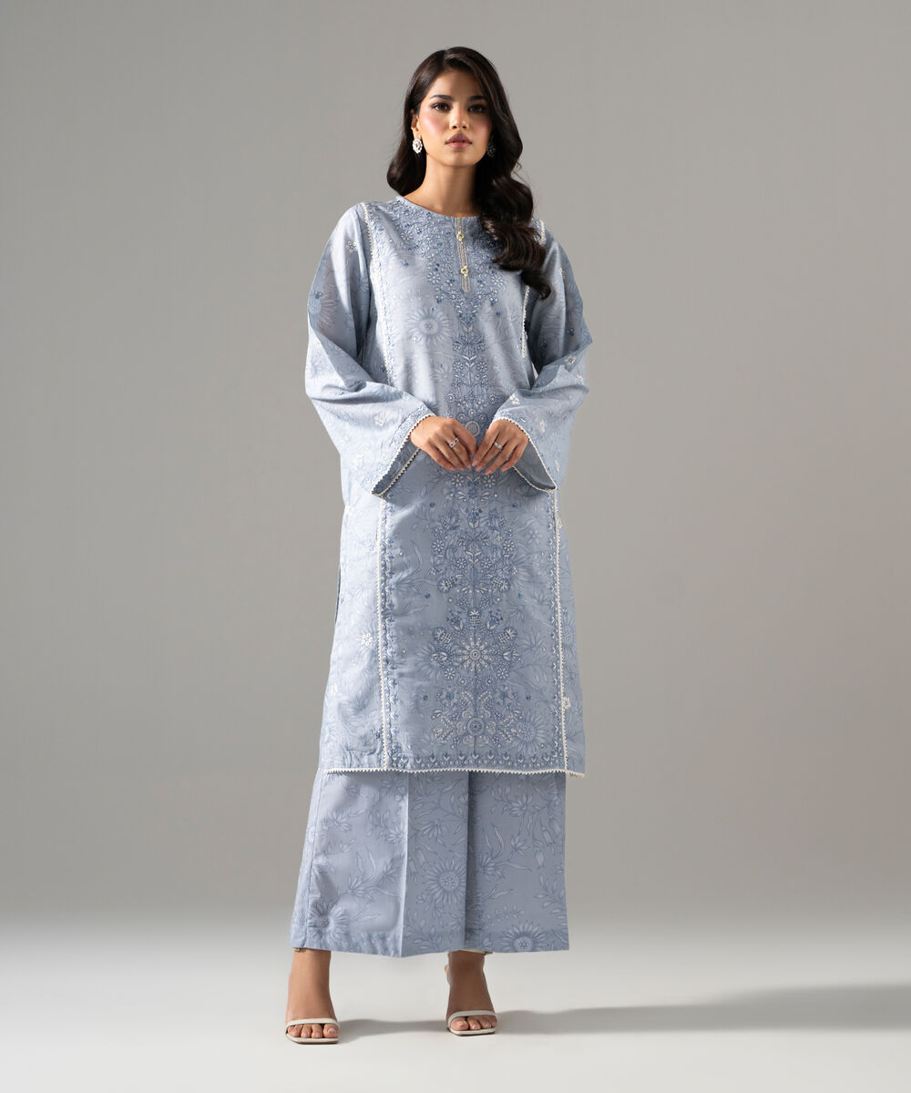 Women's RTW Fancy Cotton Printed Embroidered Blue 2 Piece Suit