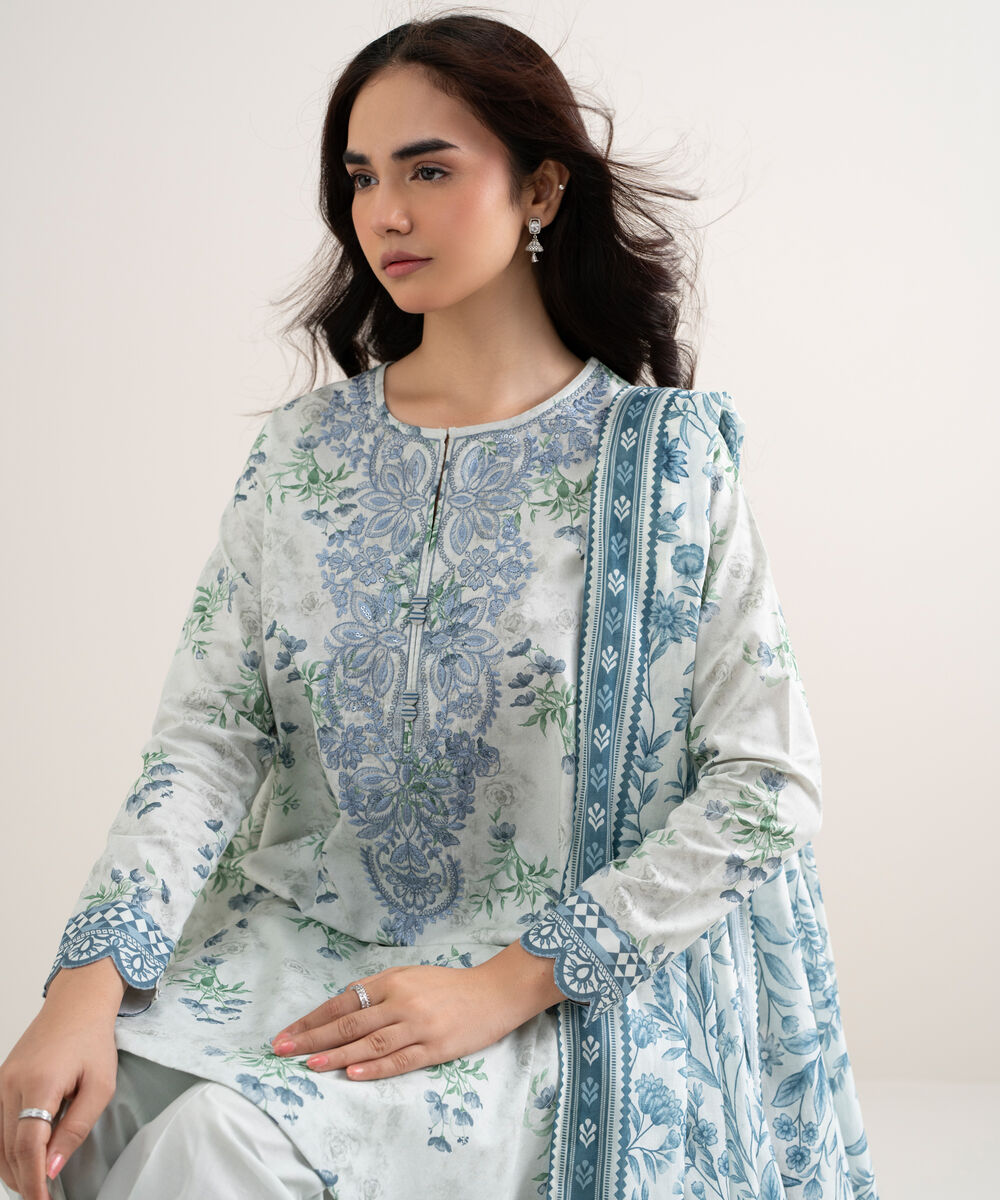 Women's Unstitched Lawn Embroidered Grey 3 Piece Suit