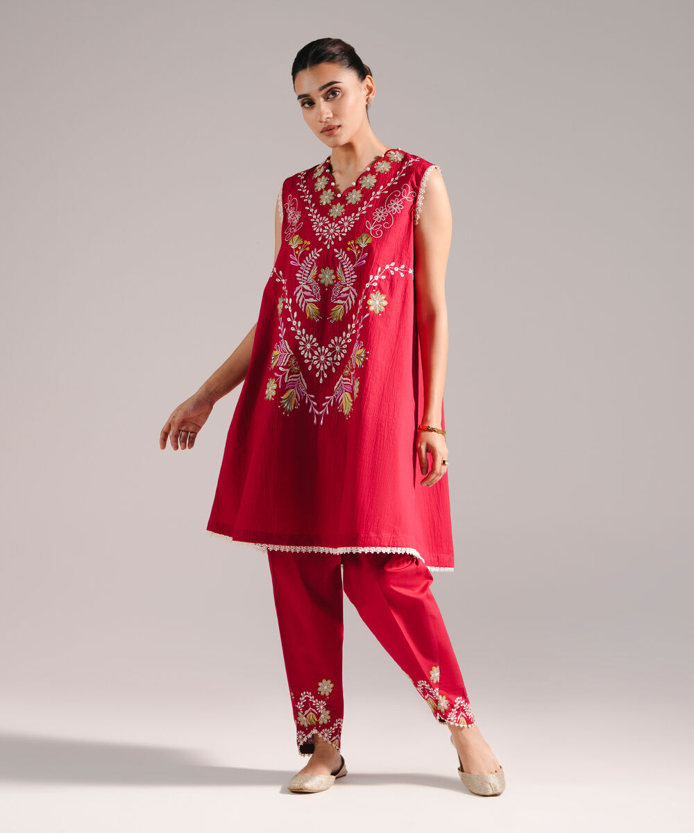 Women's RTW Seersucker Embroidered Red A-Line Shirt