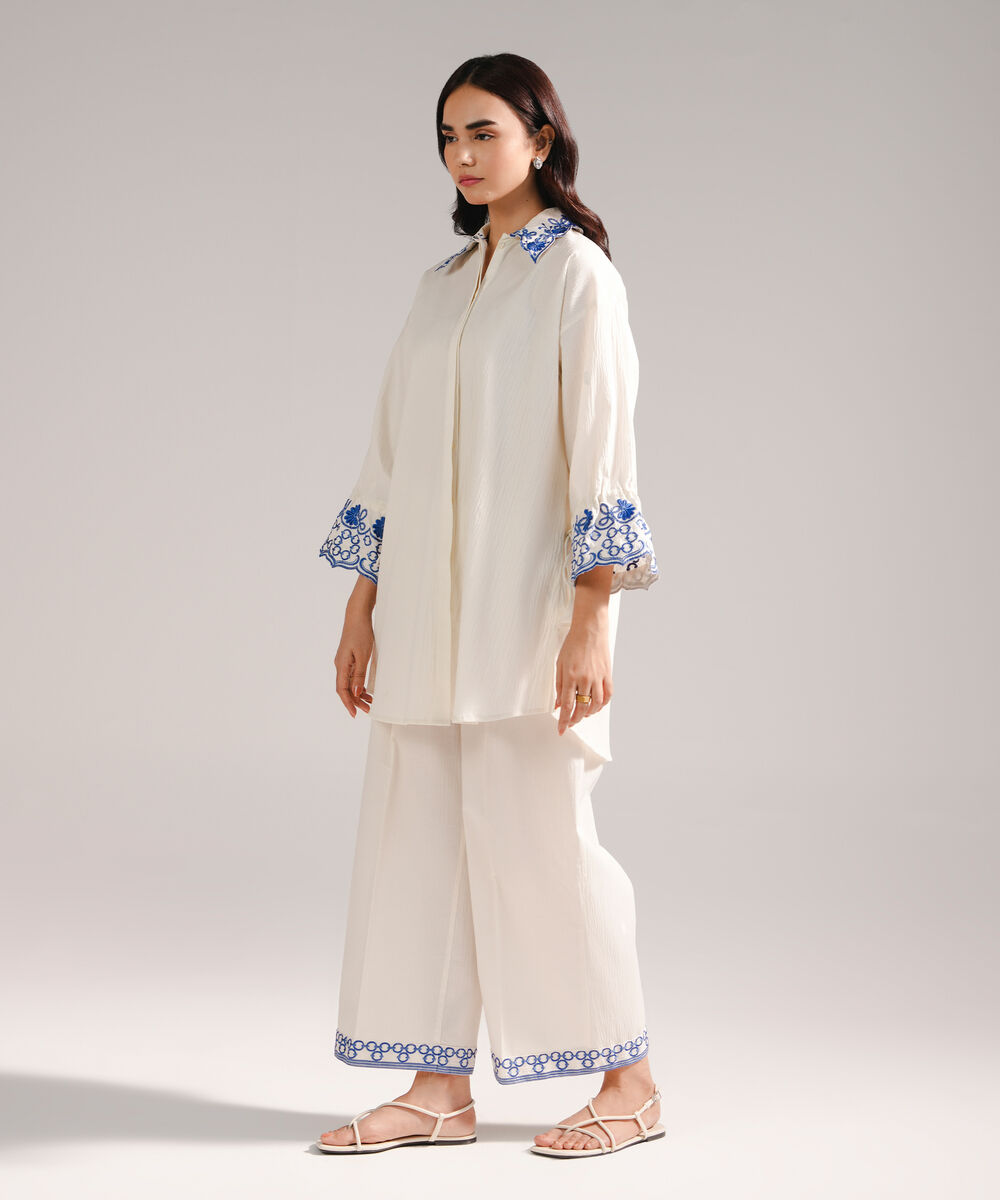 Women's RTW Seersucker Embroidered Off White Straight Shirt
