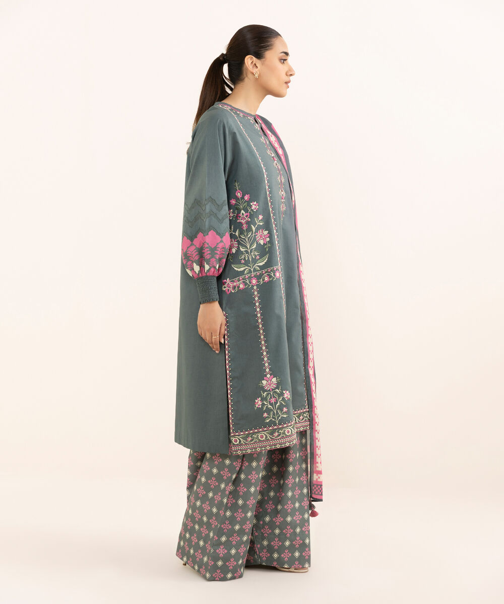 Women's Unstitched Lawn Embroidered Grey Three Piece Suit