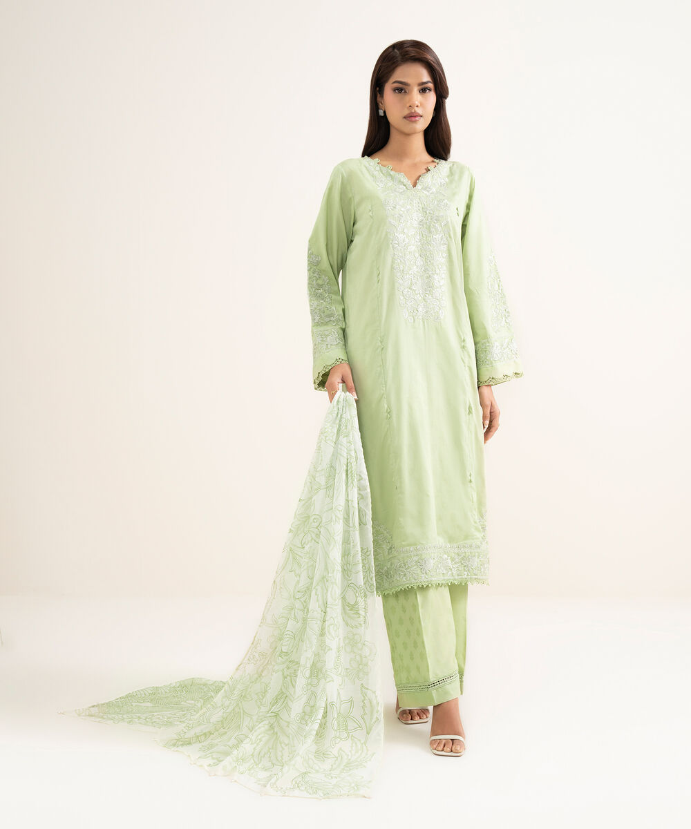 Women's RTW Self Jacquard Embroidered Green A-Line Shirt