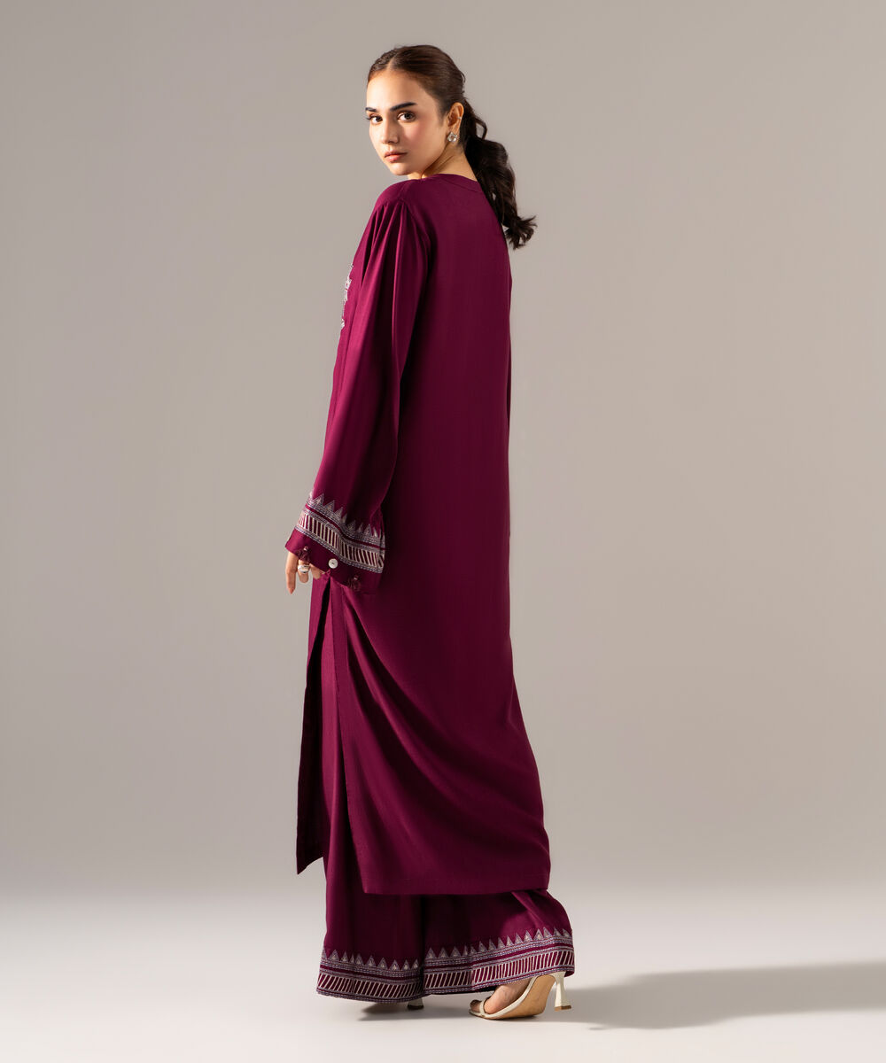 Women's RTW Bedford Solid Embroidered Purple Boxy Shirt