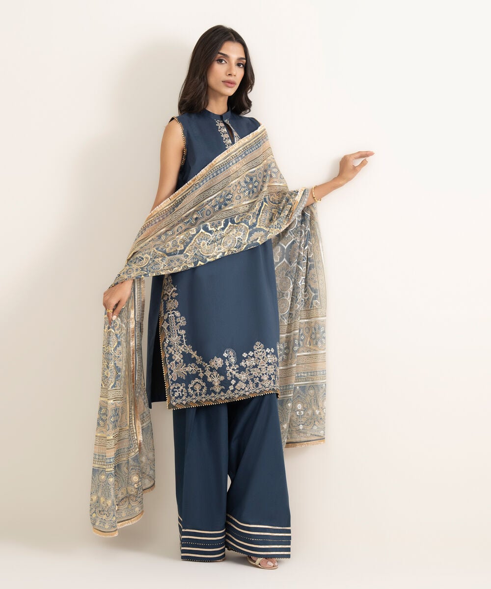 Women's Unstitched Lawn Embroidered Blue  3 Piece Suit