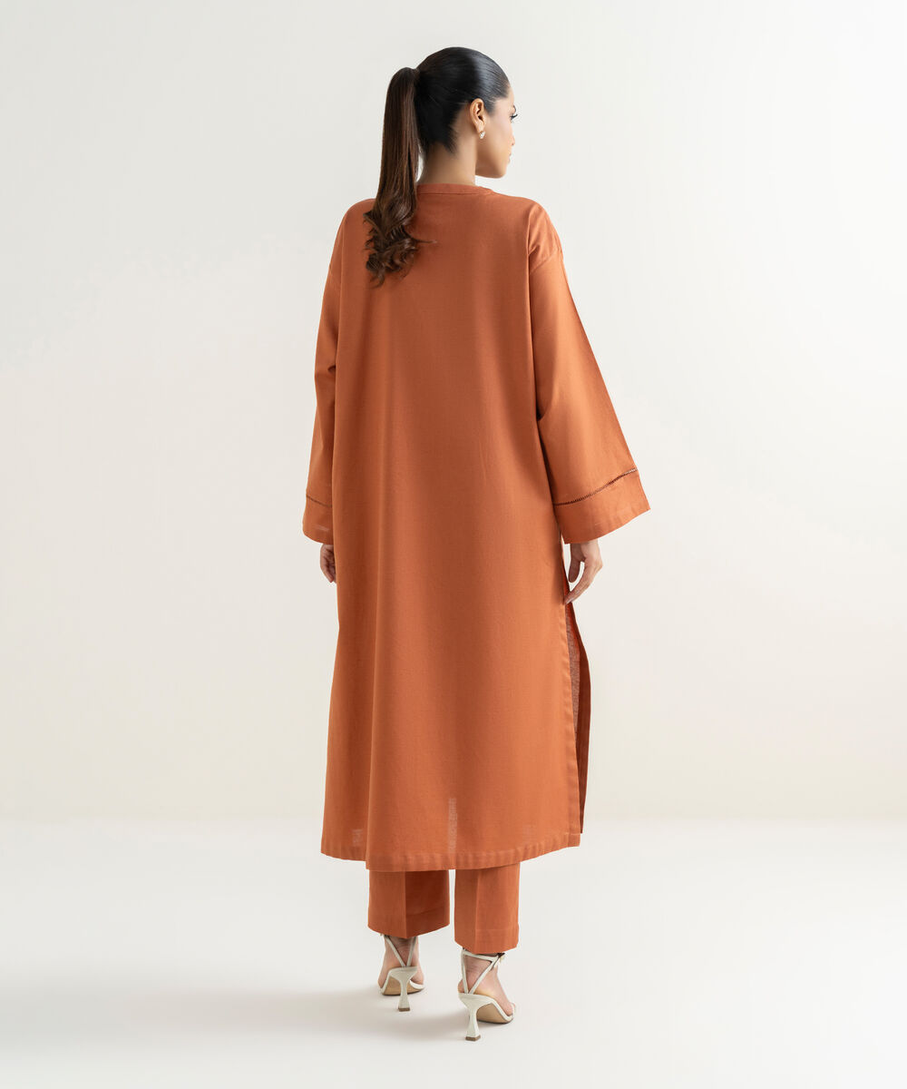 Women's RTW Cotton Linen Orange Solid Drop Shoulder Shirt