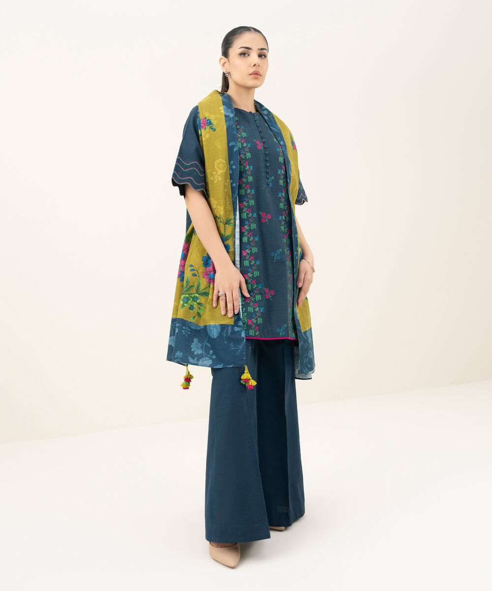 Women's Unstitched Embroidered Khaddar Teal Blue 3 Piece Suit
