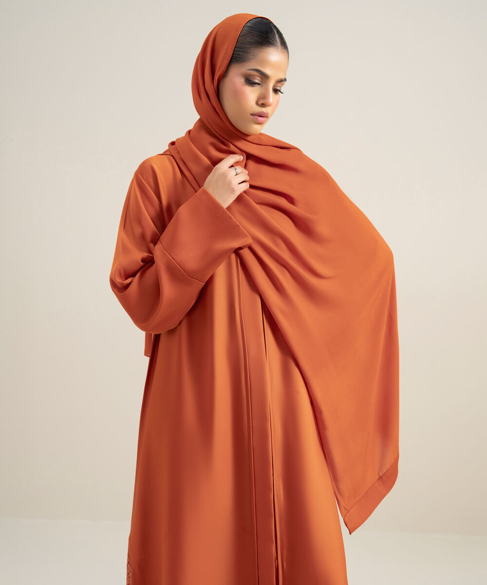 Women's Polyester Orange Embroidered Regular Abbaya Set