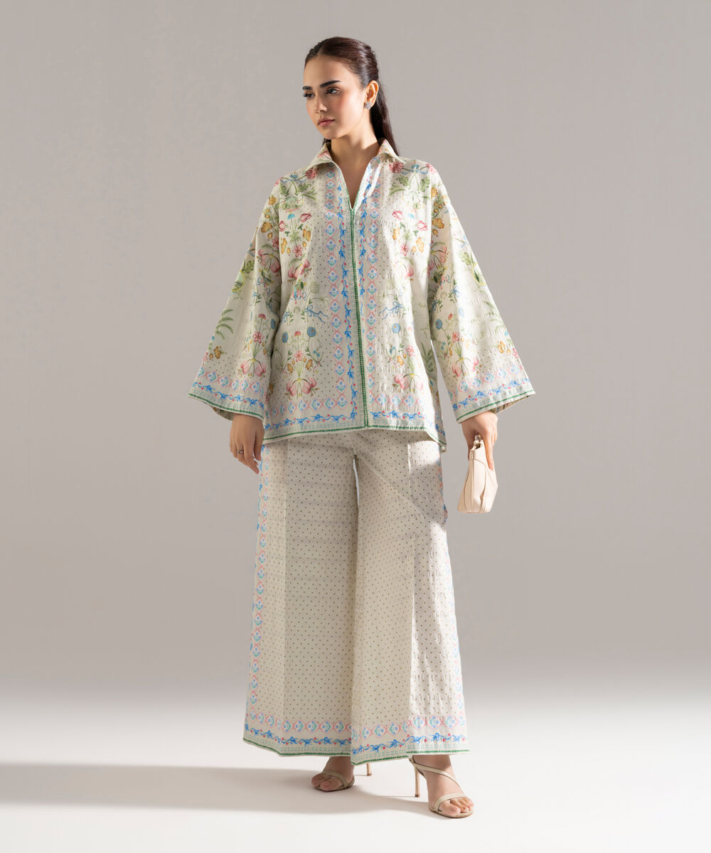 Women's RTW Seersucker Printed Beige Drop Shoulder Shirt