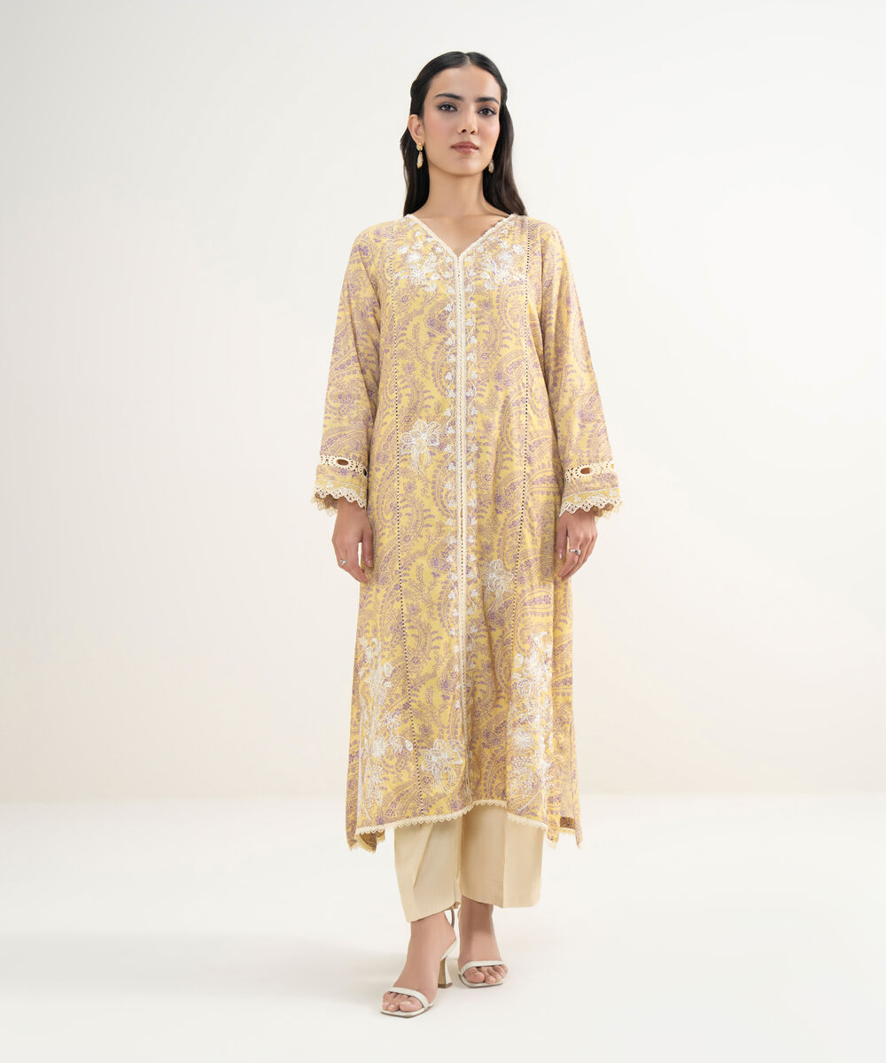 Women's RTW Viscose Raw Silk Embroidered Yellow A-Line Shirt
