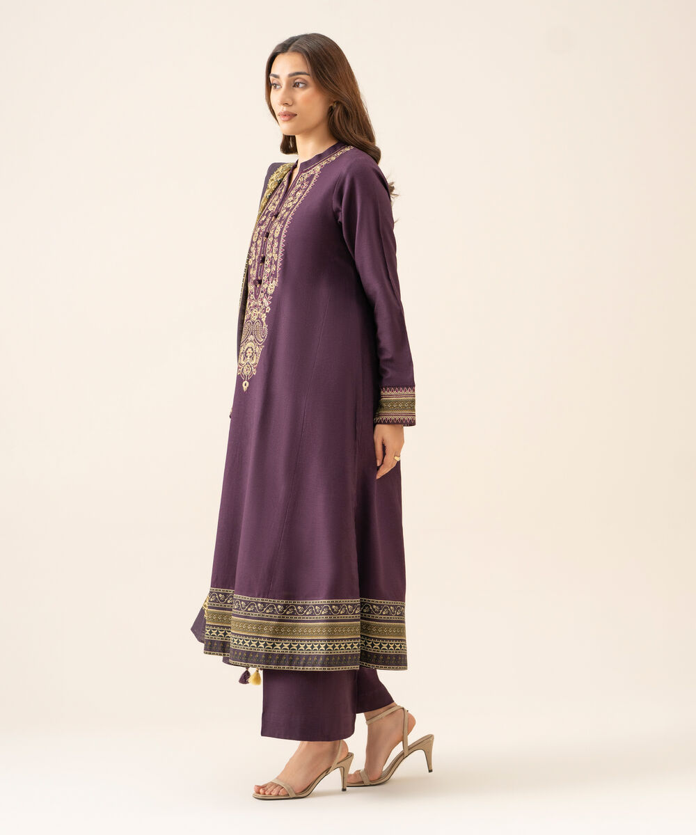 Women's Unstitched Light Khaddar Embroidered Plum 3 Piece Suit