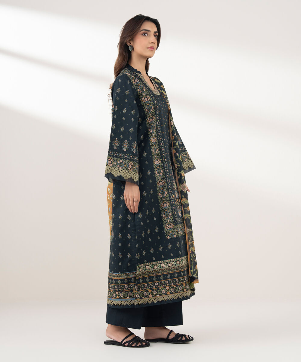 Women's Unstitched Lawn Printed Black  3 Piece Suit