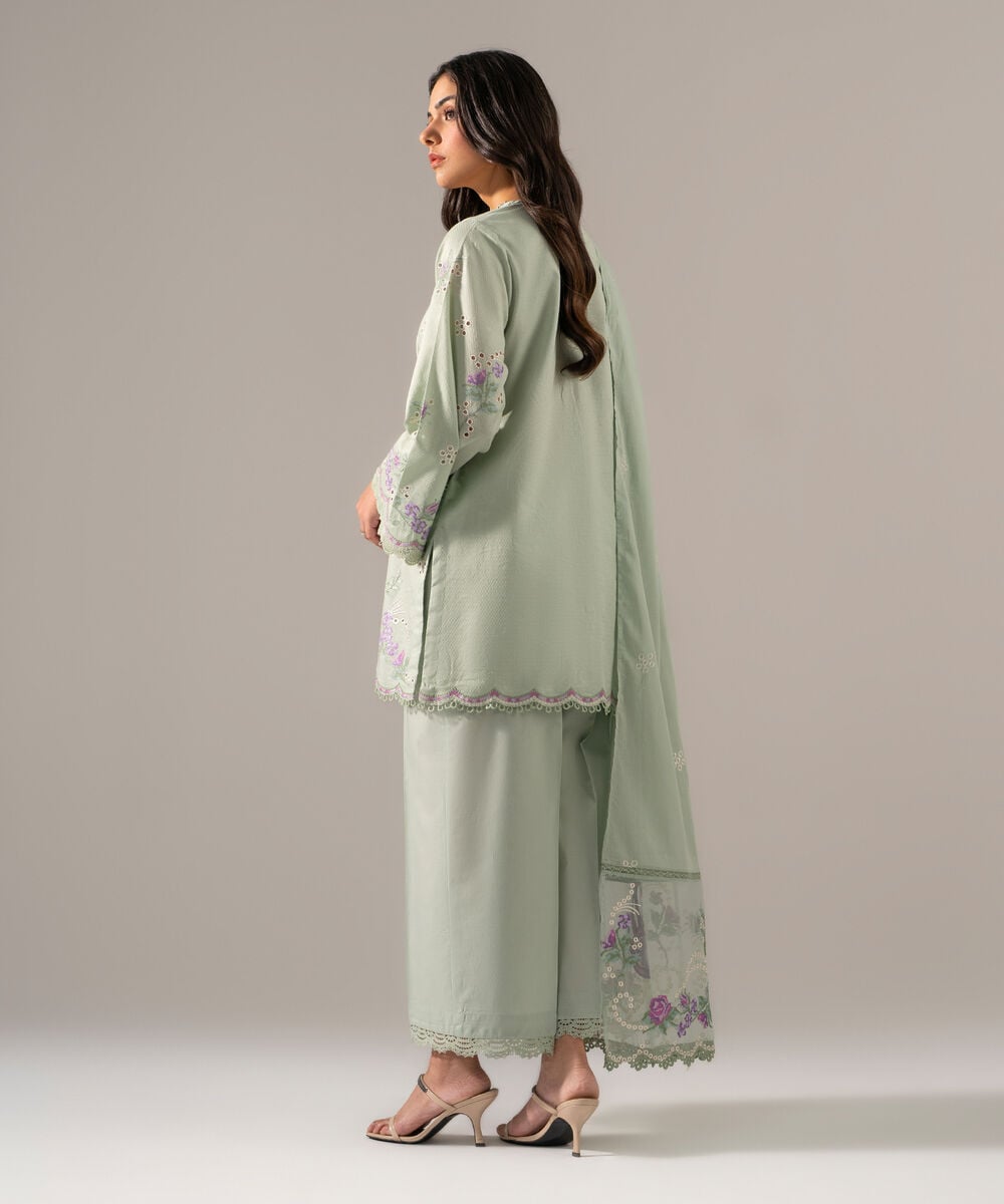 Women's RTW Dobby Solid Embroidered Green 3 Piece Suit