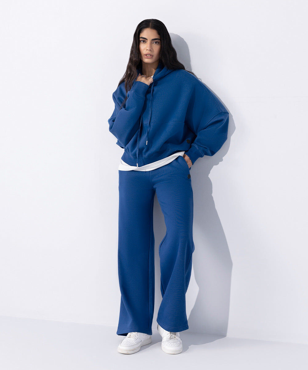 Woman - Blue Fleece Wide Leg Jogging Trousers