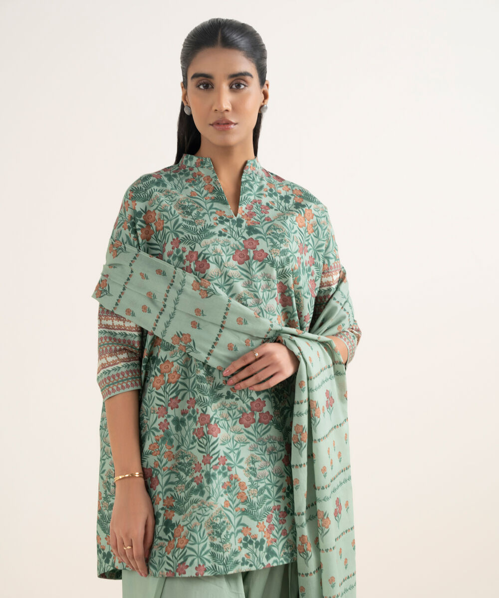Women's Unstitched Cotton Printed Green 3 Piece Suit