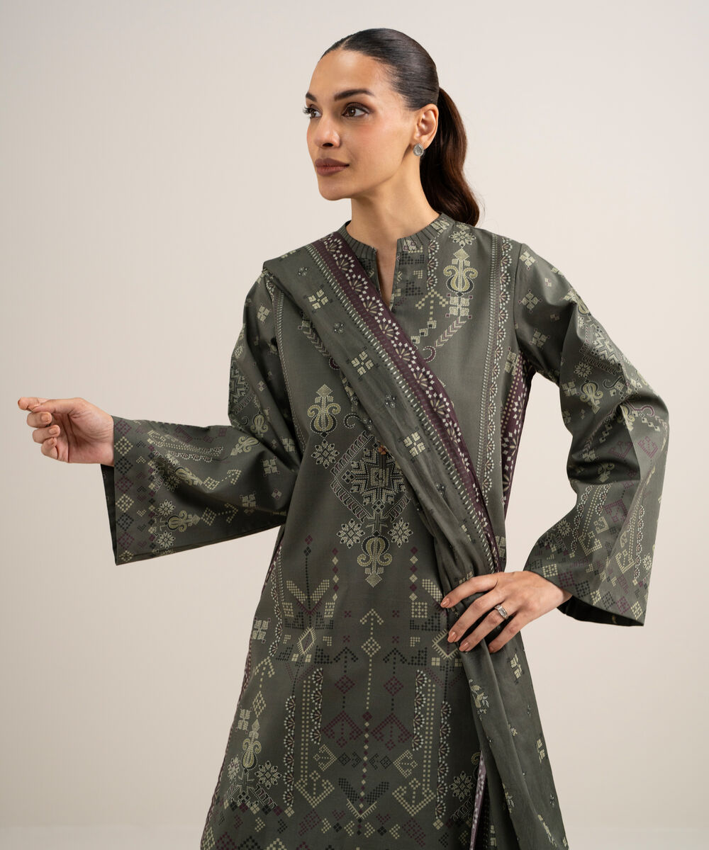 Women's Unstitched Lawn Printed Olive Green 3 Piece Suit