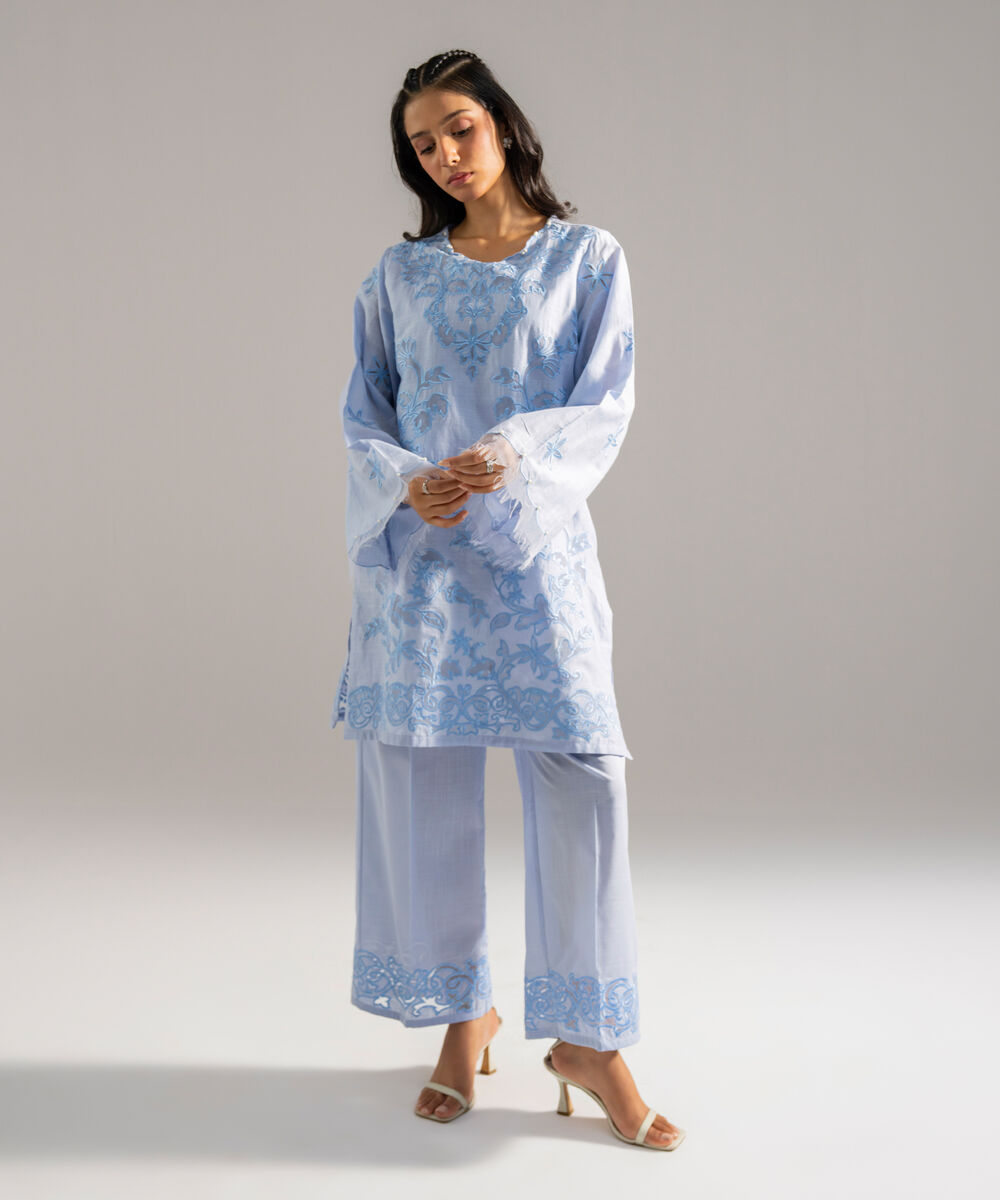 Women's RTW Cross Hatch Solid Embroidered Blue 2 Piece Suit
