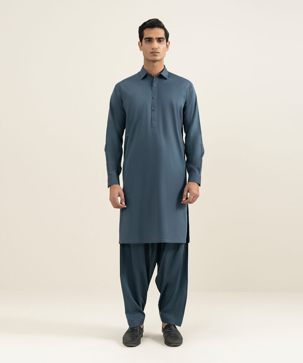 Men's navy Slub Cotton Kameez Shalwar