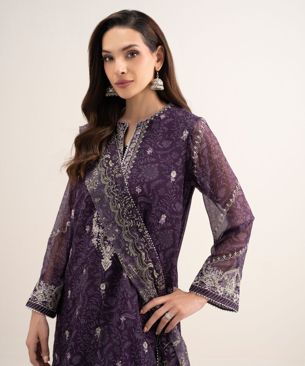 Women's Unstitched Blended Chiffon Embroidered Purple 3 Piece Suit