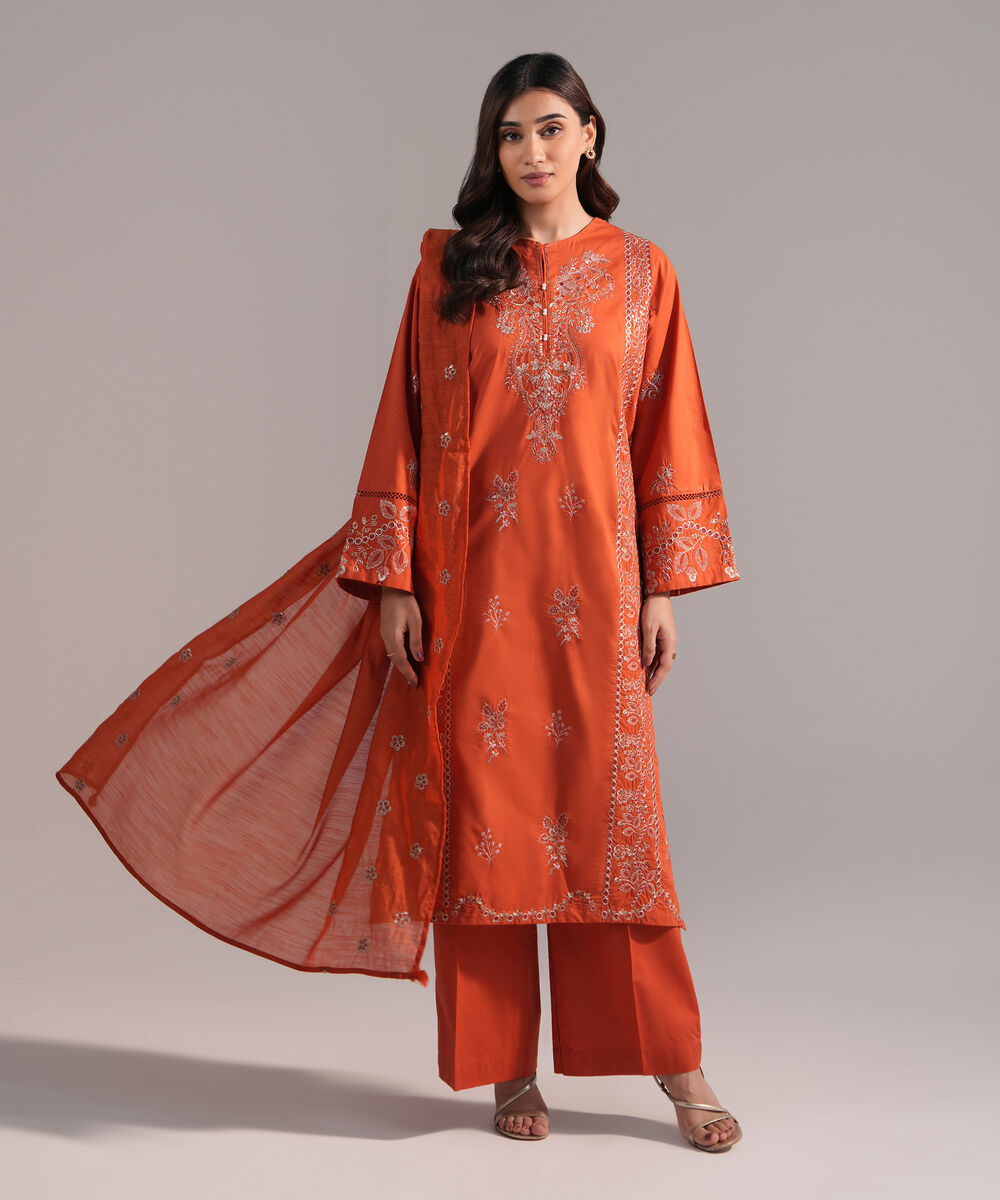 Women's RTW Cambric Embroidered Orange  3 Piece Suit