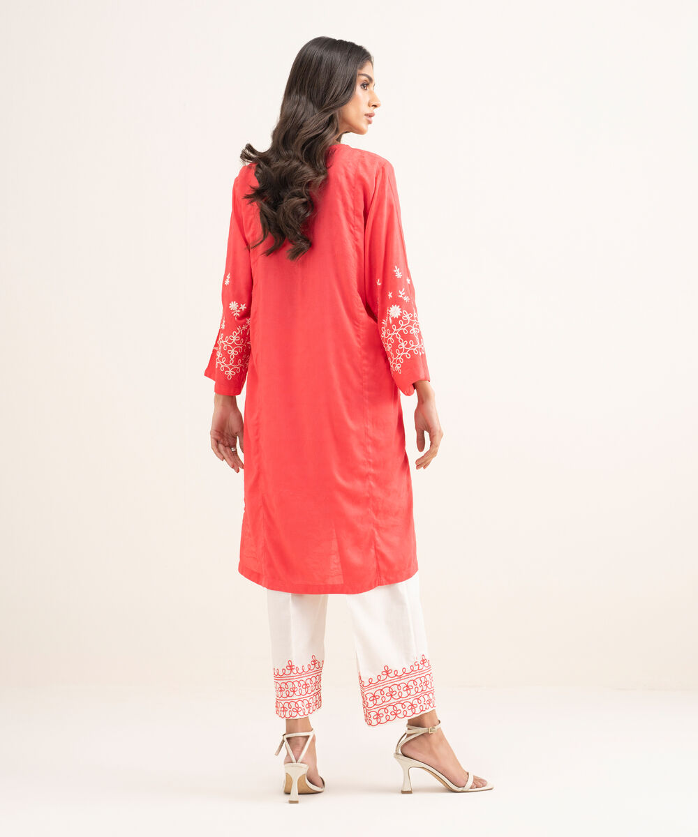 Women's RTW Arabic Self Jacquard Embroidered Pink Straight Shirt