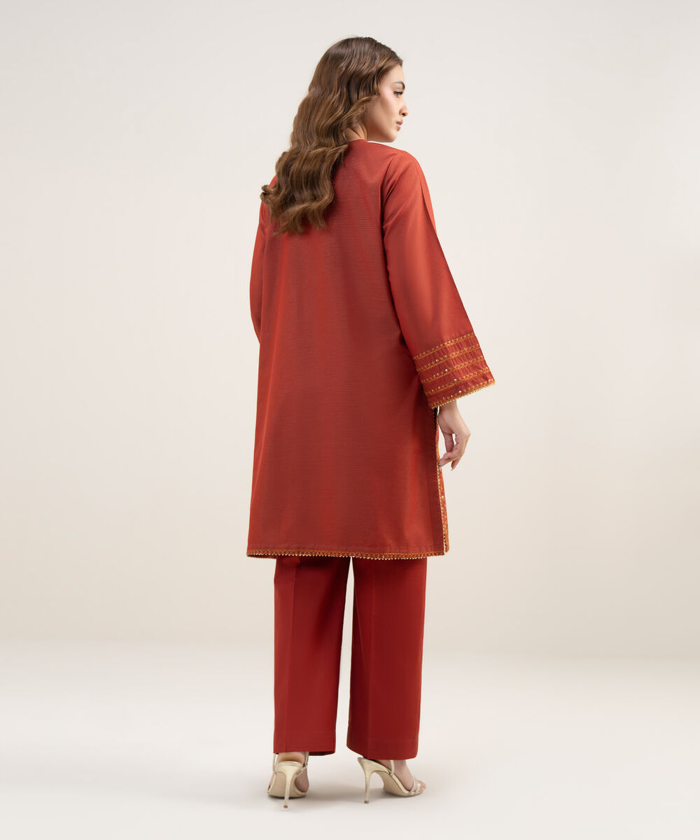 Women's RTW Zari Lawn Embroidered Rust A-Line Shirt