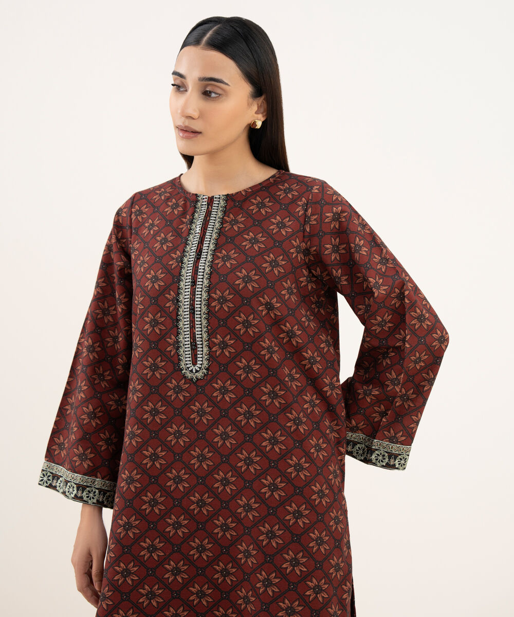 Women's RTW Light Khaddar Embroidered Straight Brown Shirt