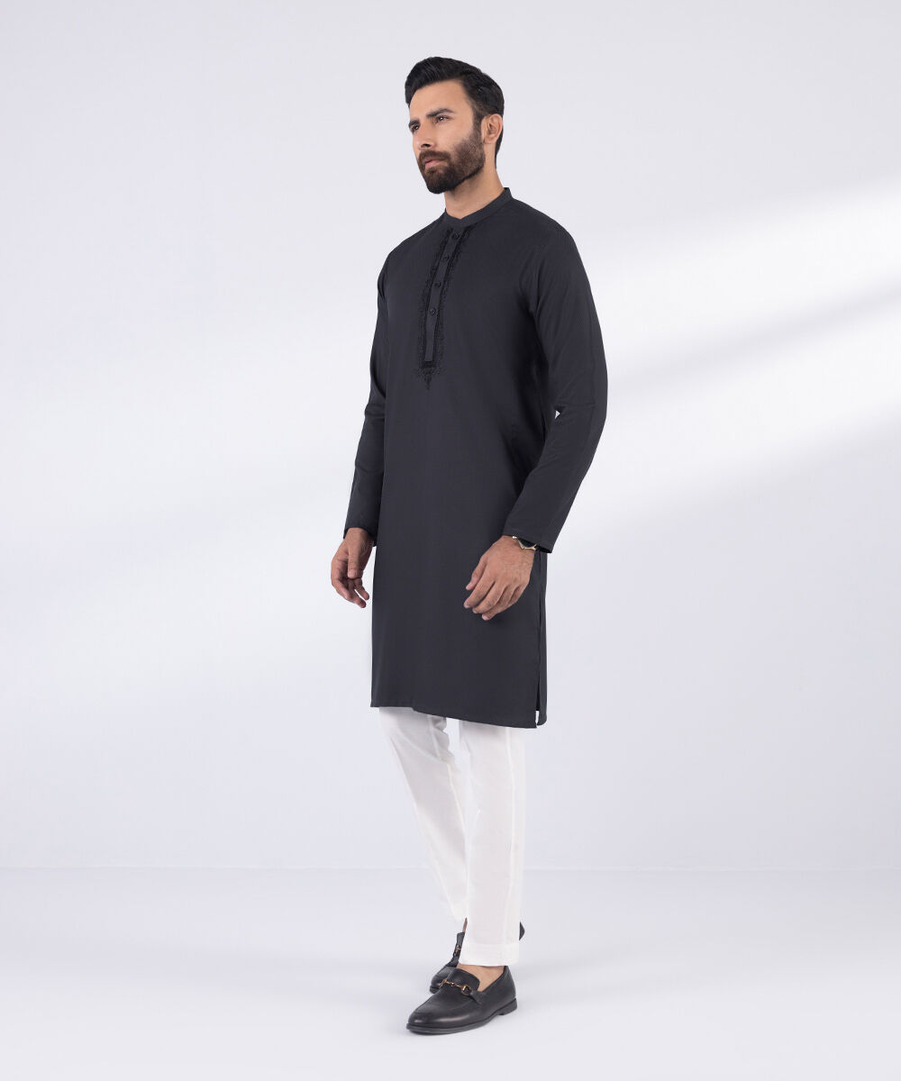 Men's Blended Stitched Embroidered Grey Kurta