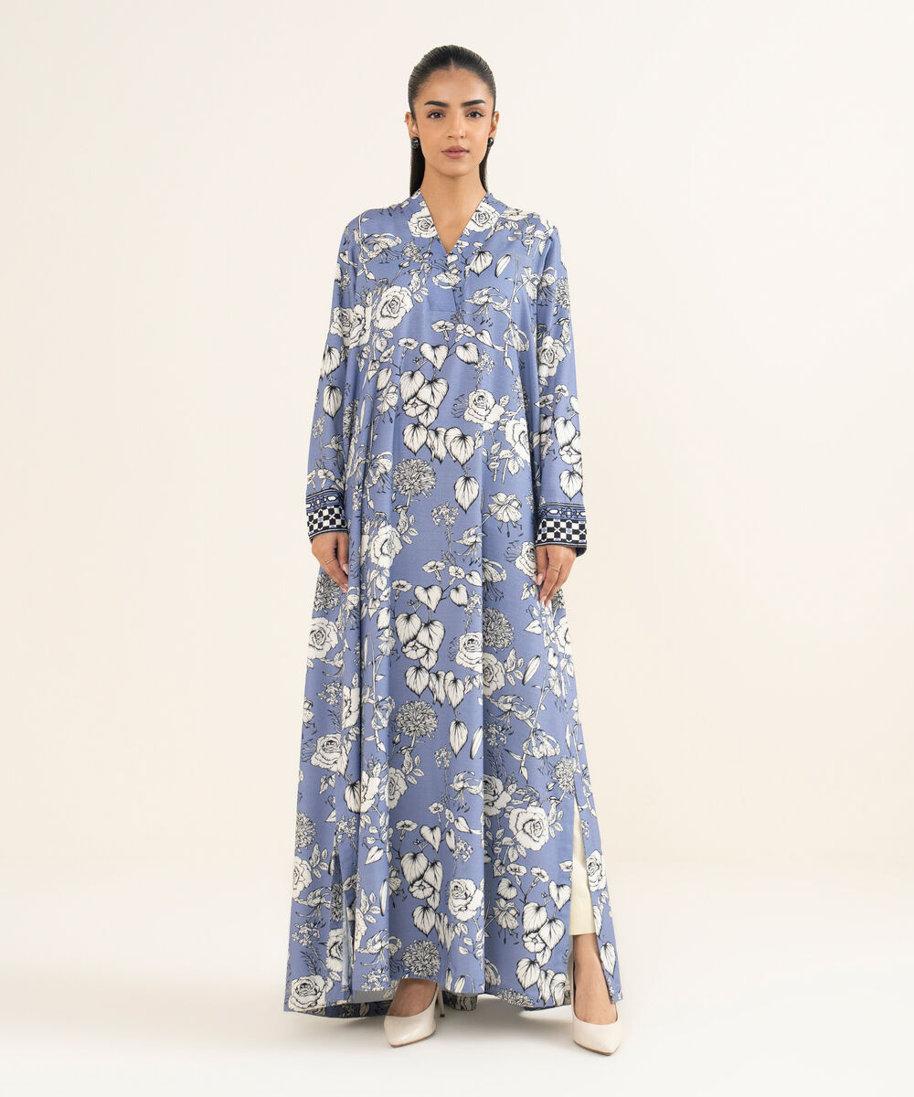 Women's RTW Herringbone Printed Steel Blue A-Line Shirt