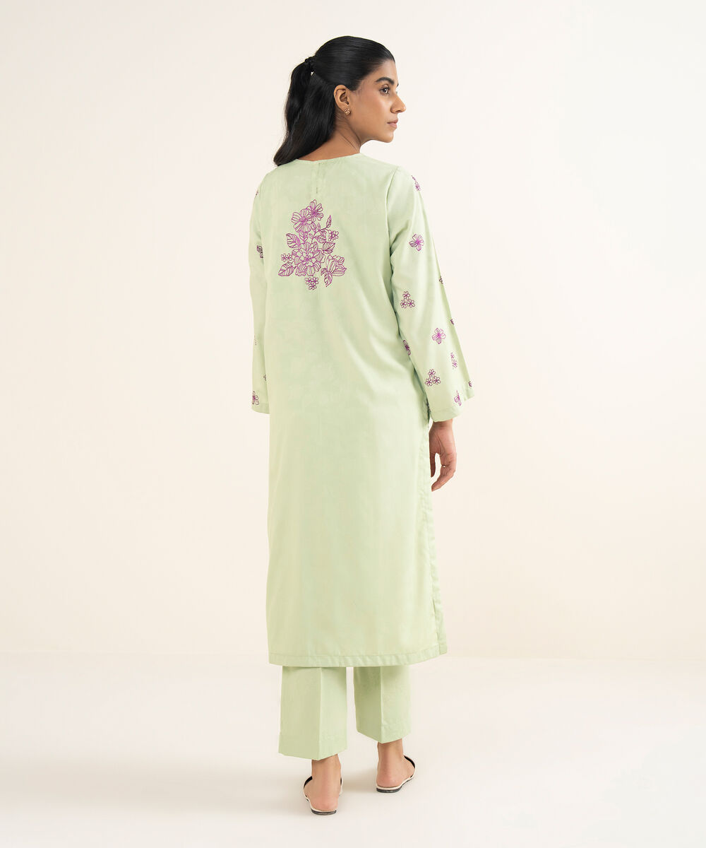 Women's RTW Self Jacquard Leno Embroidered Green Straight Shirt