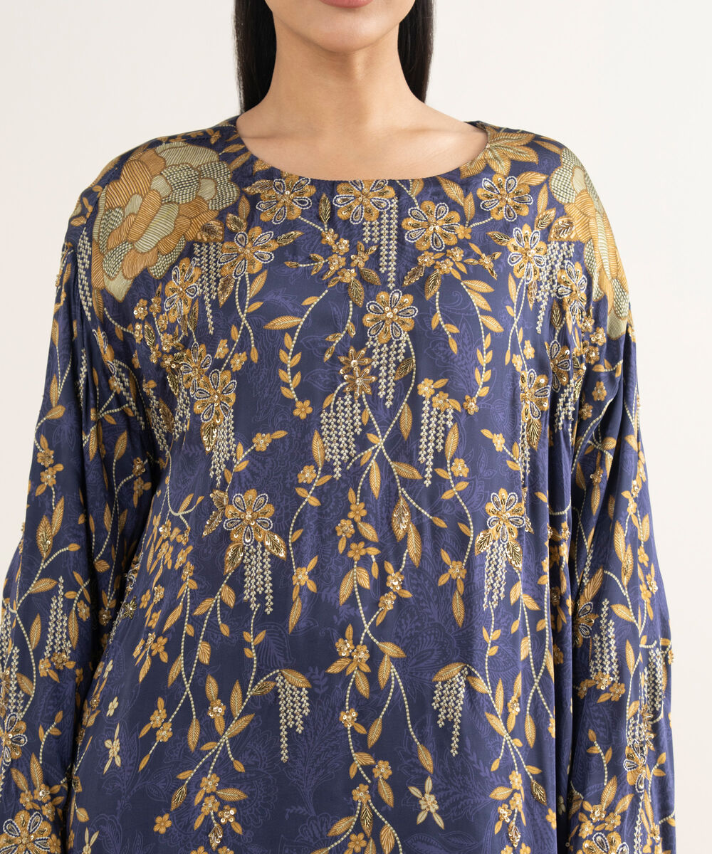 Women's RTW Blended Satin Embroidered Blue 3 Piece Suit