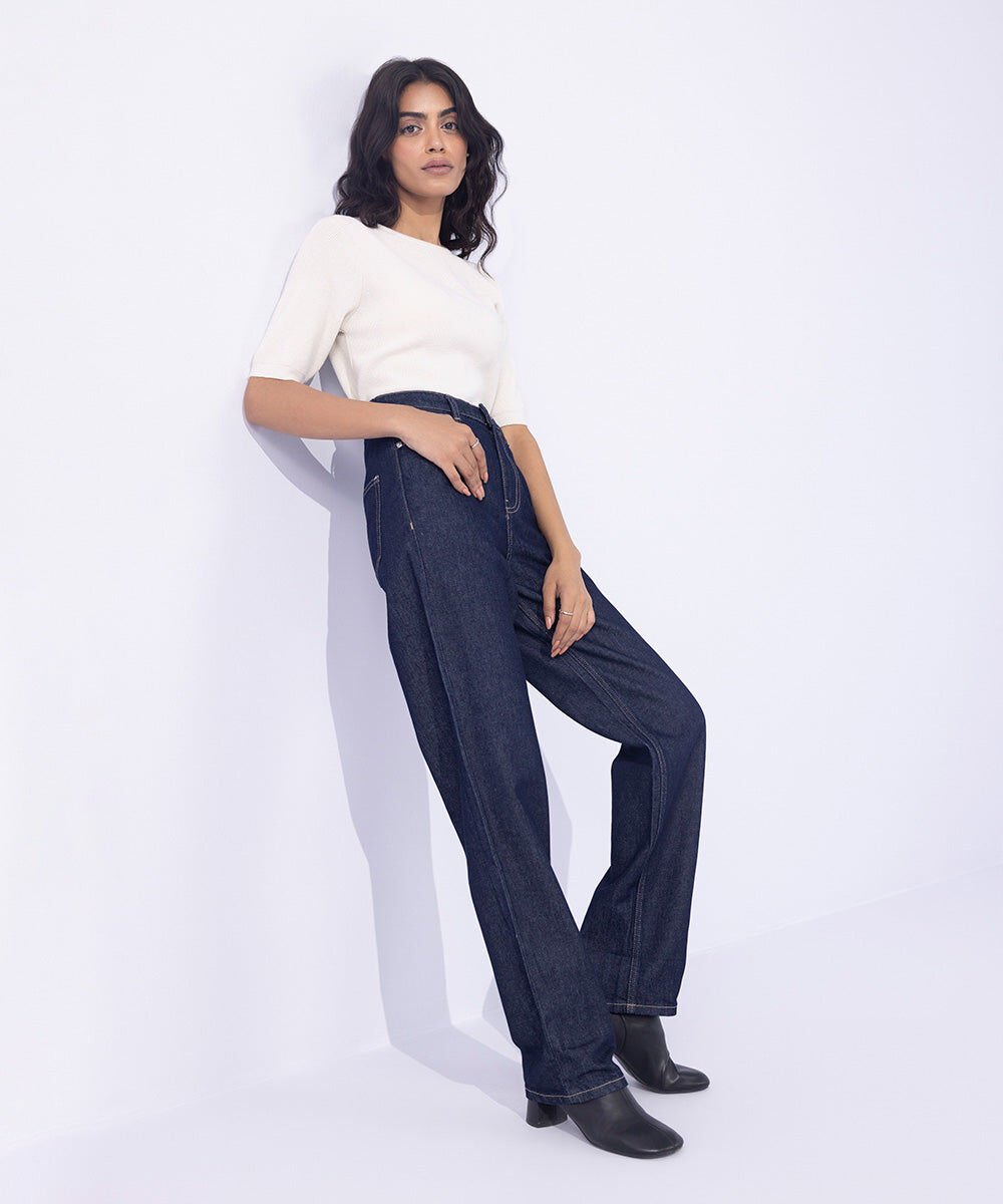 Woman - Blue Straight Fit Denim with Turn-Up Hem