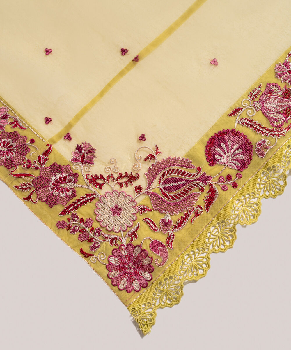 Blended Organza Embroidered Lime Yellow Dupatta