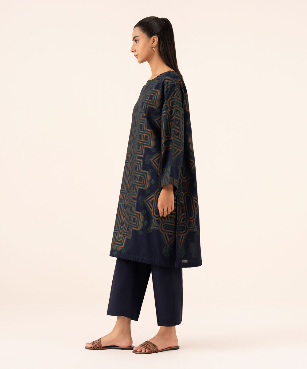 Women's RTW Extra Weft Jacquard Blue Solid Drop Shoulder Shirt