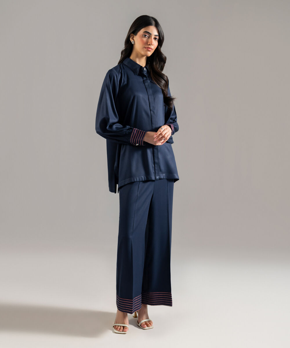 Women's RTW Bedford Solid Embroidered Dark Blue Drop Shoulder Shirt