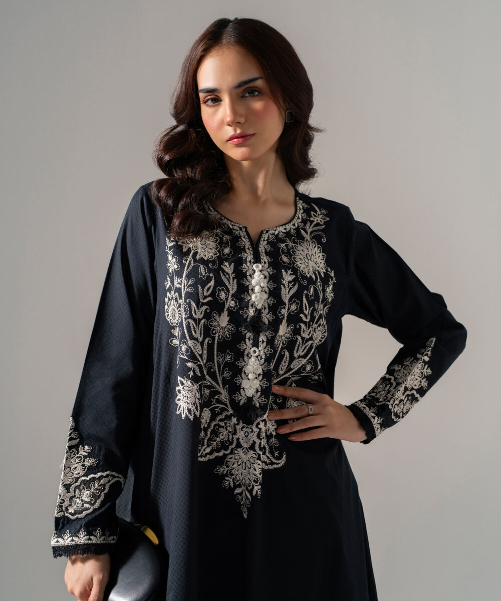 Women's RTW Dobby Solid Embroidered Black Flared A-Line