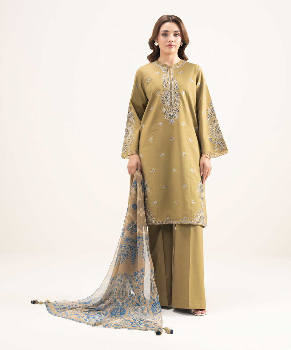 Women's Unstitched Lawn Embroidered Brown 3 Piece Suit