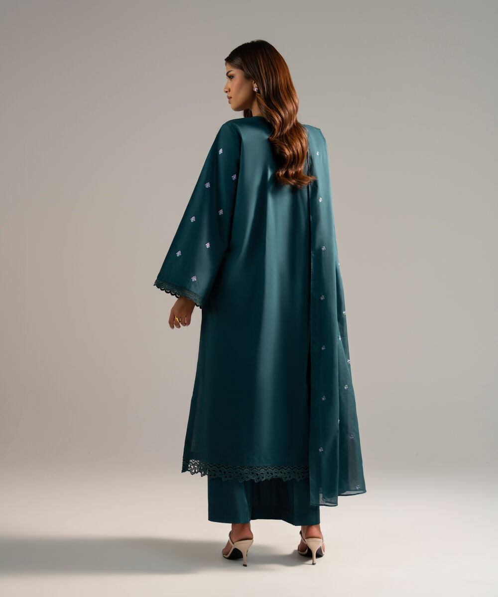 Women's RTW Lawn Embroidered Teal 3 Piece Suit