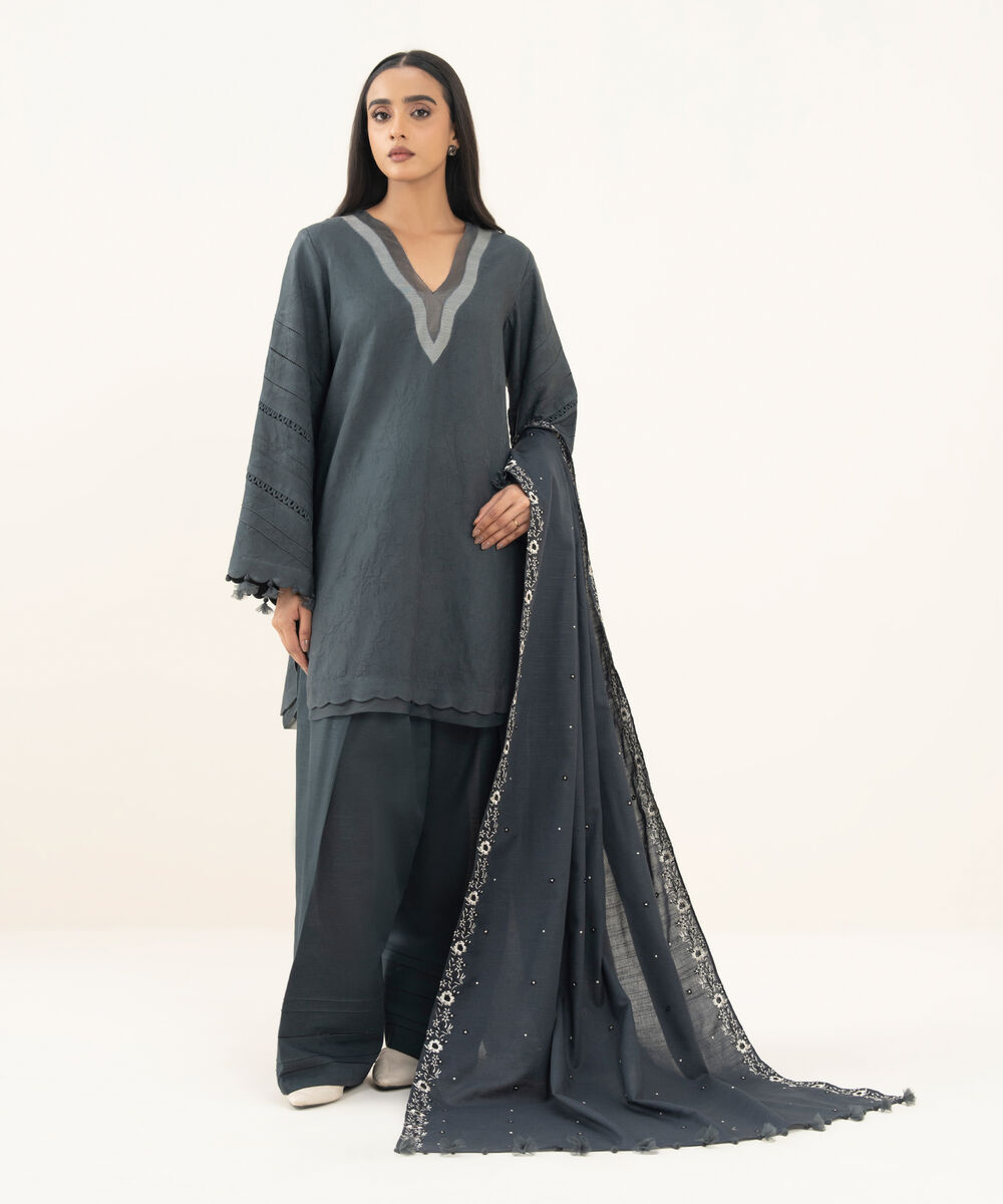 Women's Unstitched Dyed Cotton Jacquard Grey 3 Piece Suit