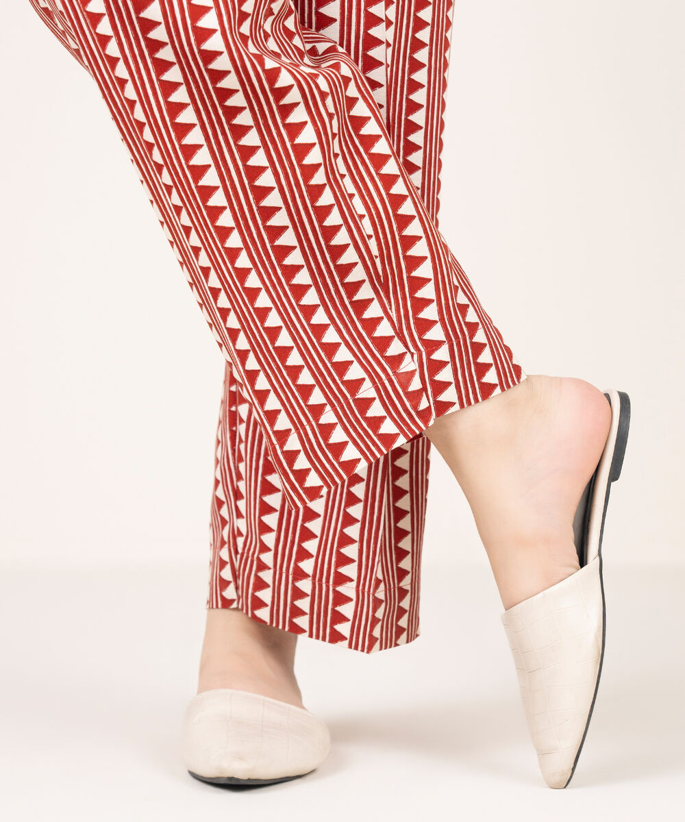 Women's RTW Arabic Khaddar Printed Red Straight Pants