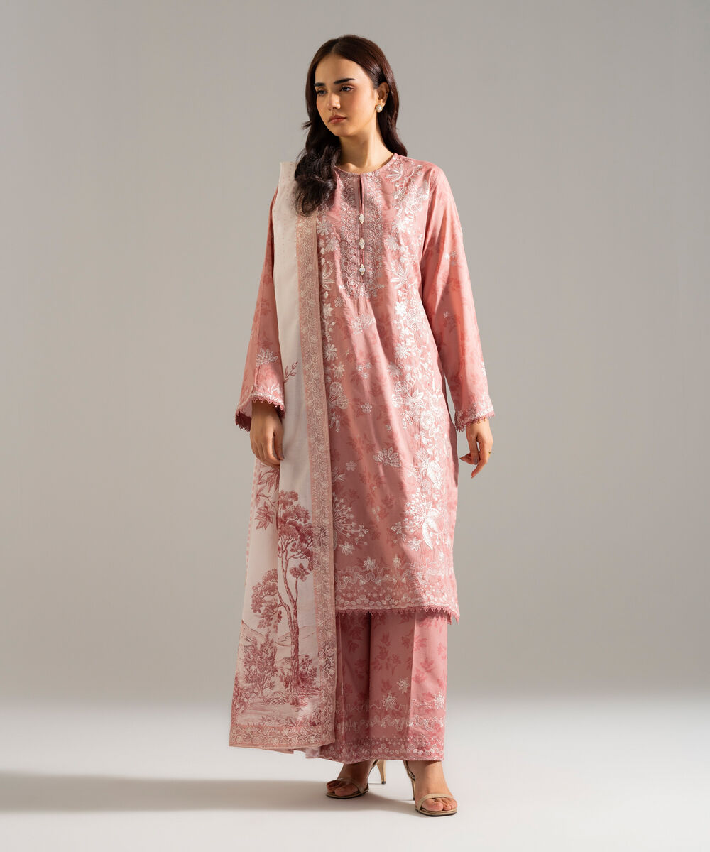 Women's RTW Lawn Embroidered Pink 3 Piece Suit