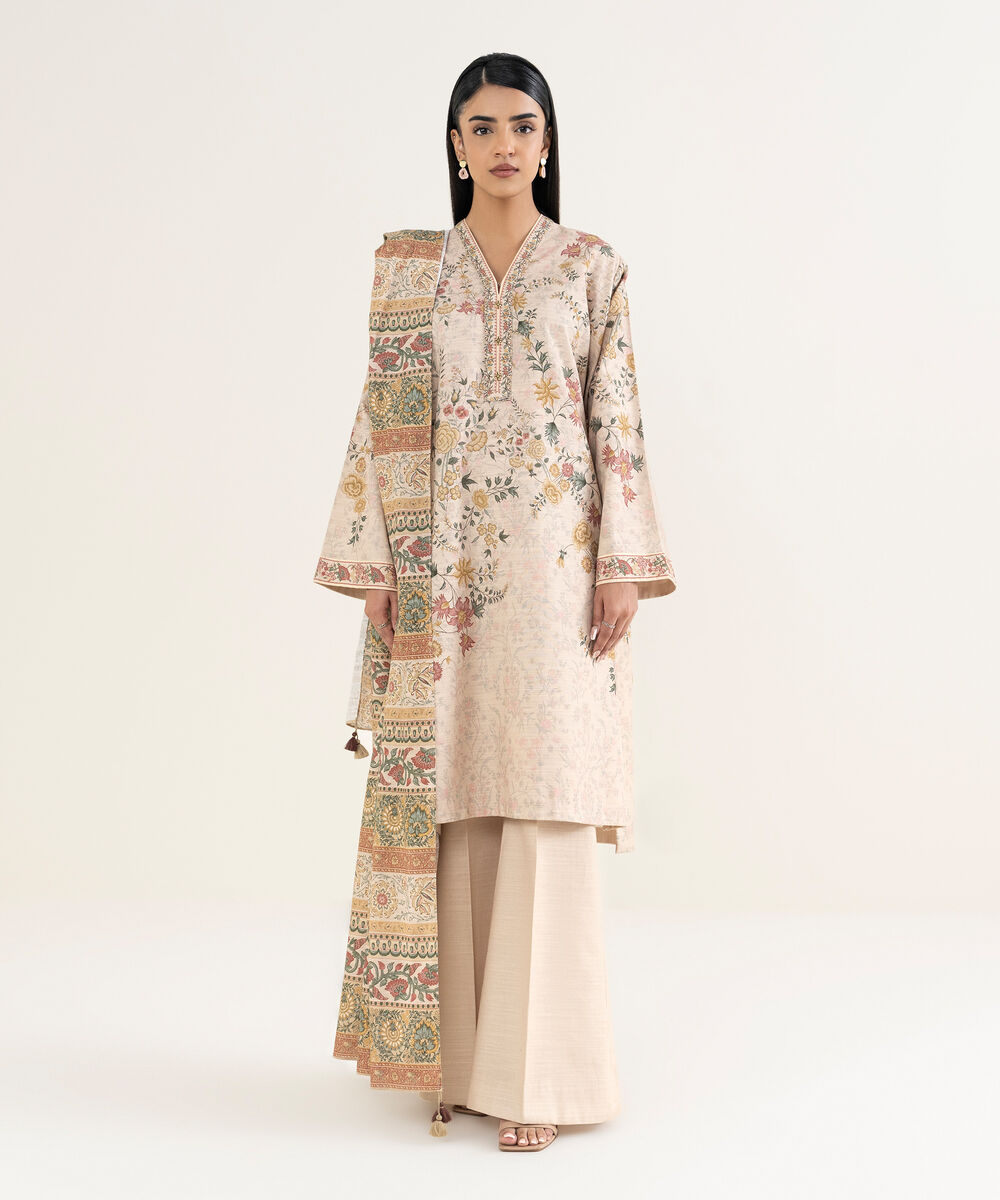 Women's Unstitched Printed Khaddar Beige 3 Piece Suit