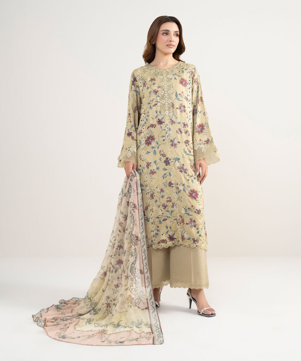 Women's Unstitched Viscose Satin Embroidered Yellow 3 Piece Suit