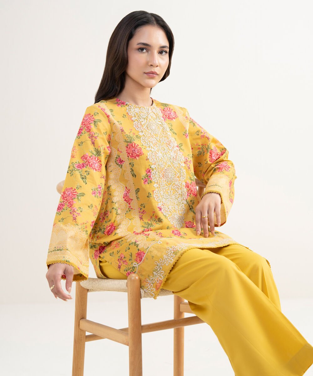 Women's RTW Lawn Embroidered Yellow Straight Shirt