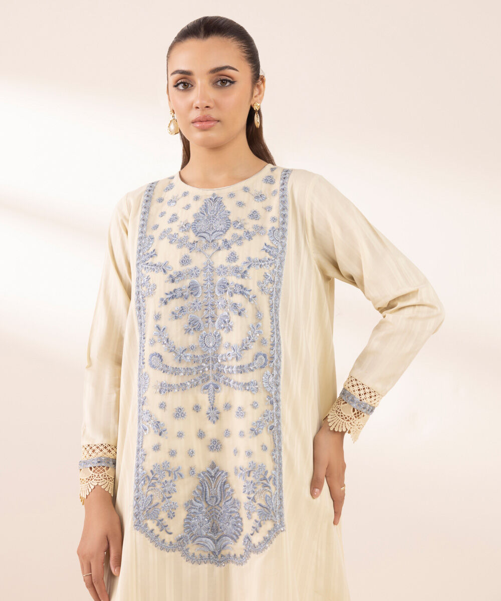 Women's RTW Dobby Beige Embroidered A-Line Shirt