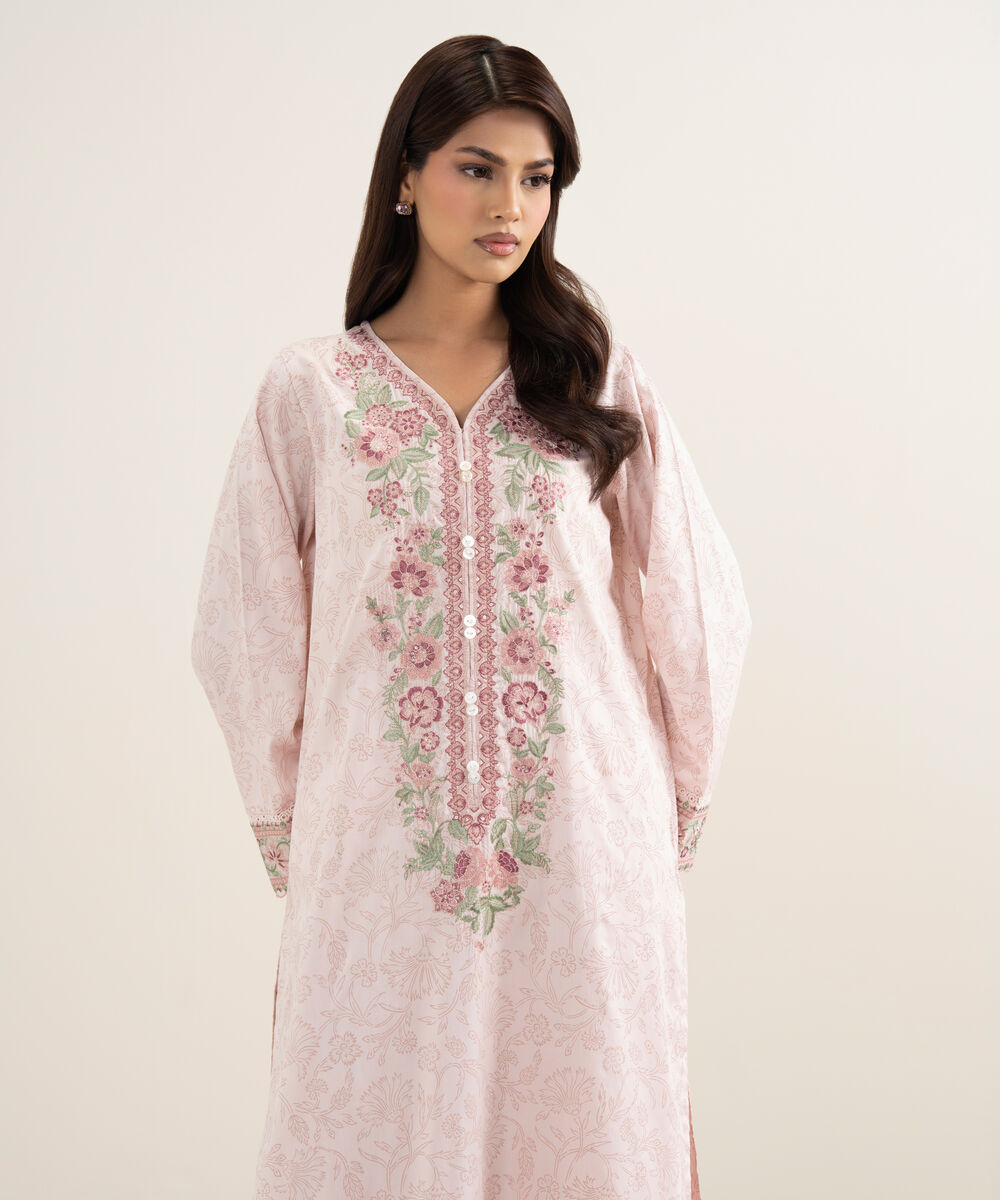 Women's RTW Premium Cotton Satin Embroidered Pink A-Line Shirt