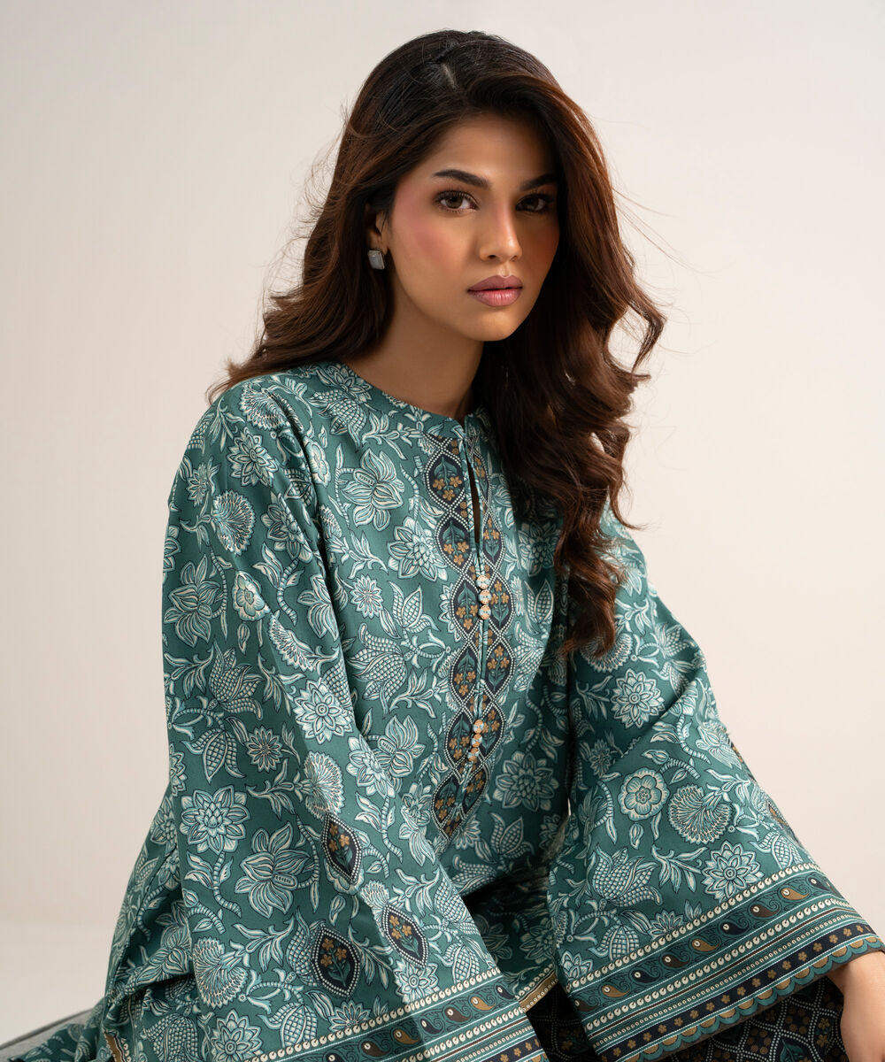 Women's Unstitched Cotton Printed Blue  2 Piece Suit
