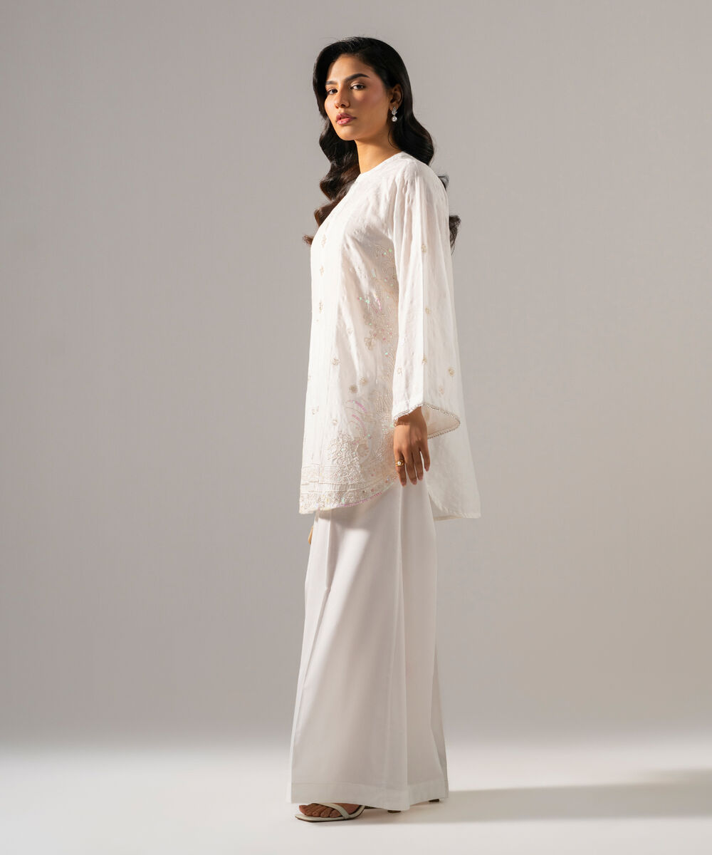 Women's RTW Self Jacquard Solid Embroidered Off White 2 Piece Suit
