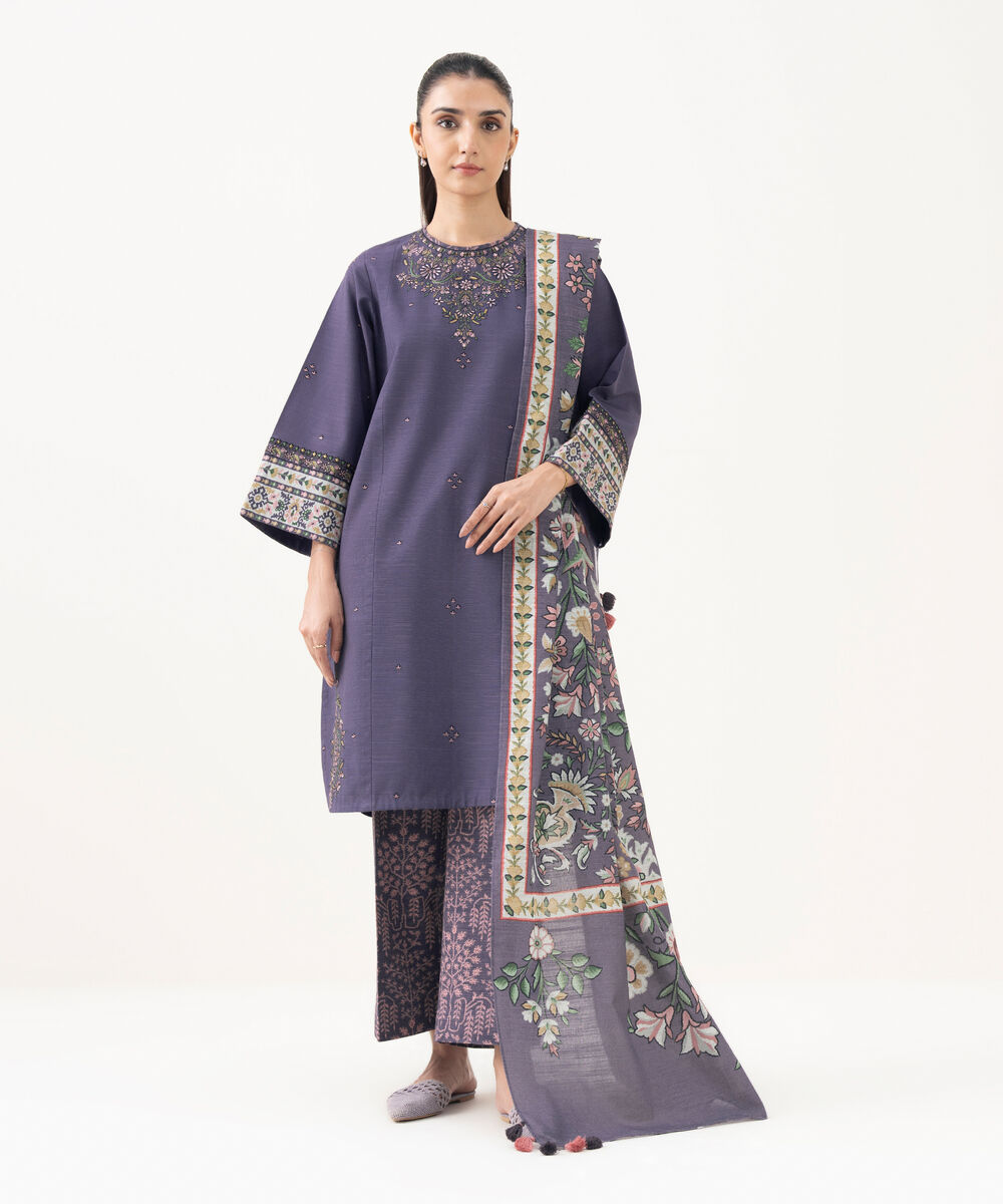 Women's Unstitched Khaddar Embroidered Purple 3 Piece Suit