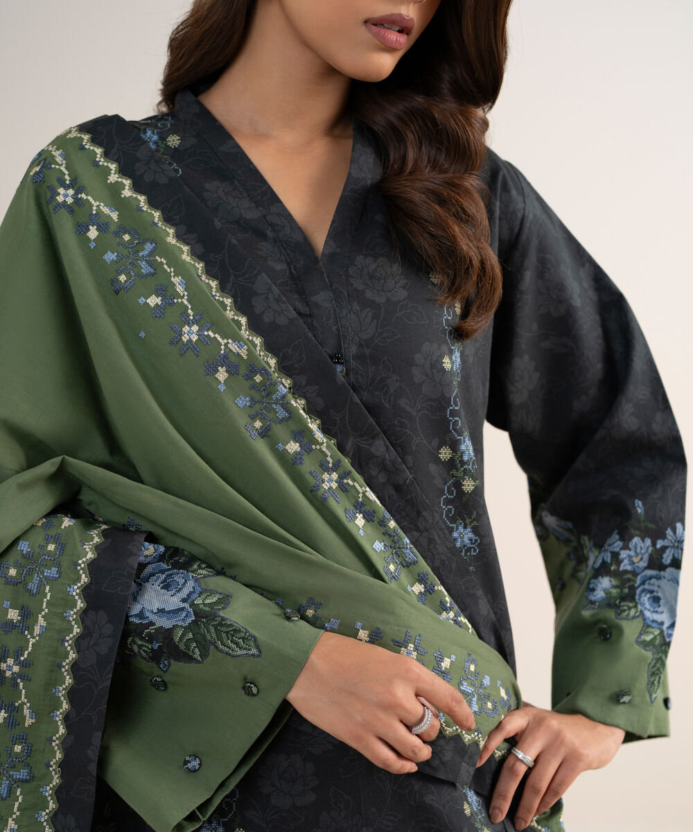 Women's Unstitched Cotton Embroidered Grey