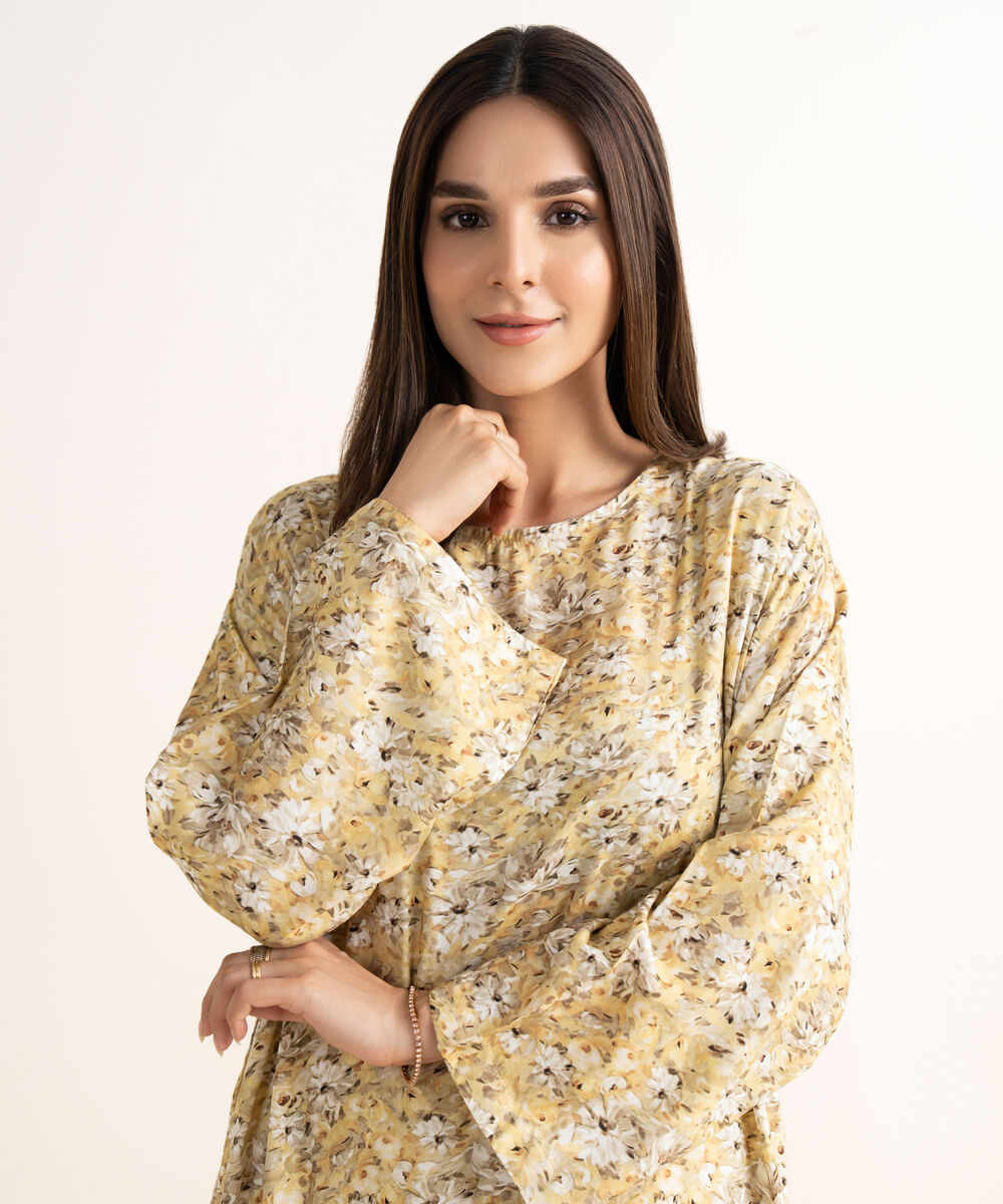Women's RTW Arabic Lawn Yellow Printed Straight Shirt
